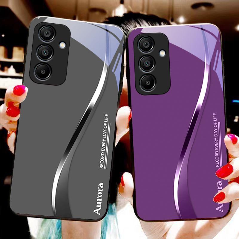 Zweifarbige Streifen für Samsung Galaxy A15 5G 54 4G 51 50 24 35 90 71 12 51 53 52S 80 22 34 Schwarze Handyhülle aus gehärtetem Glas