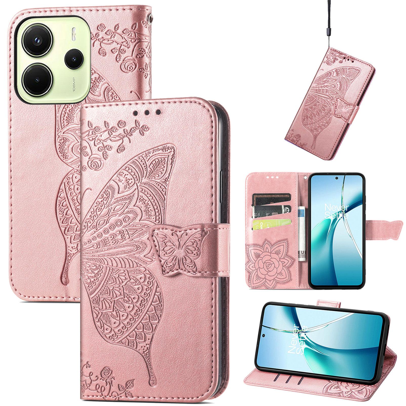 

Для Xiaomi Redmi Note 14 4G (164,84x78,15x8,16 мм) Чохол з ремінцем з PU шкіри з малюнком метелика, гаманець, чохол для телефону Rose Gold