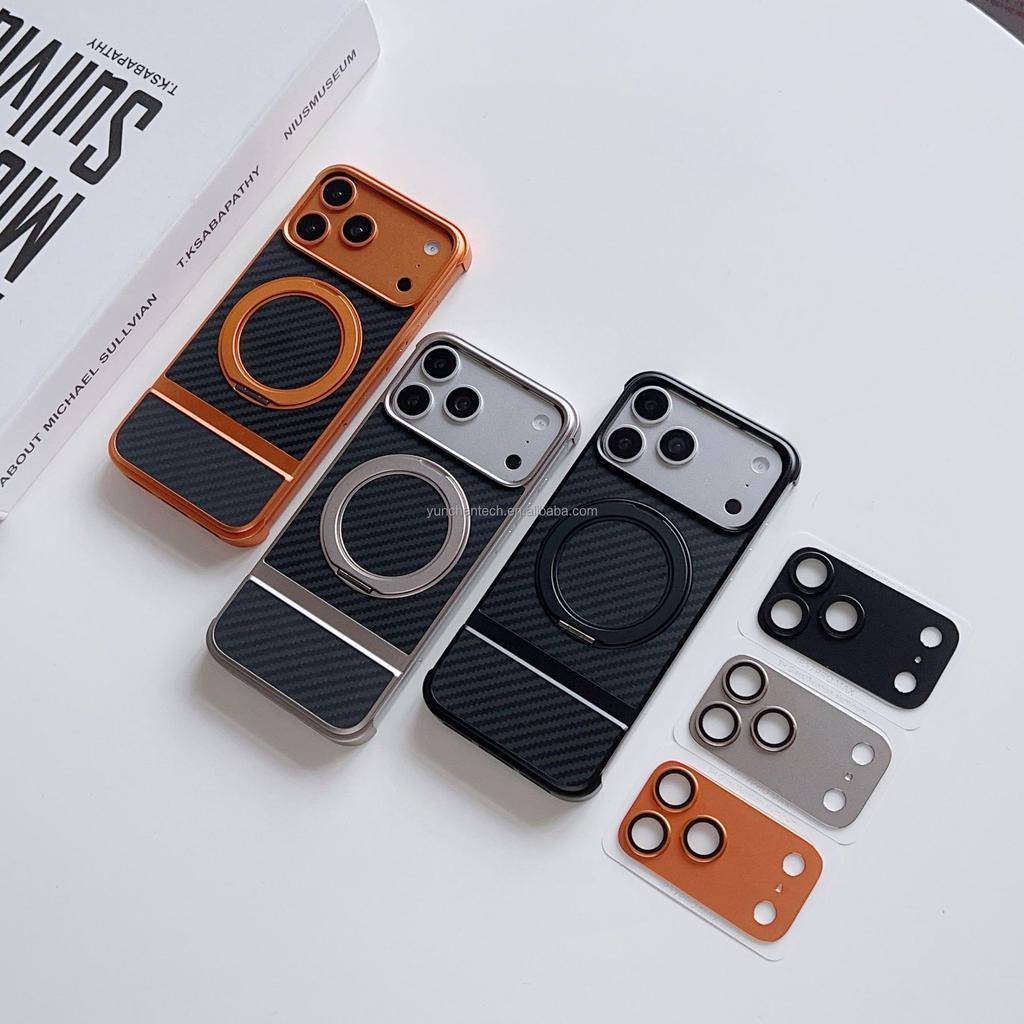 Luxury Men Girl 360 Rotation Magnetic Shockproof Ring Stand Cover Metal Magnetic Carbon Fiber Phone Case for Iphone 17 Pro Max