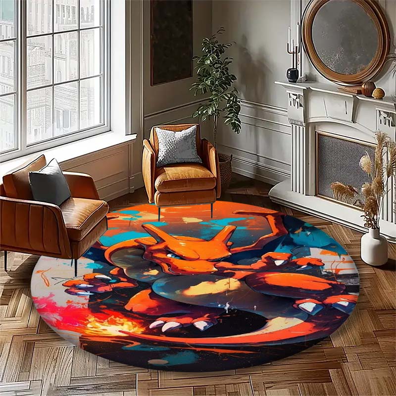 

Charizard Printed Round Rug Pokemon Fire Dragon Pattern Non-Slip Area Rug for Bedroom Living Room Gamer Room Home Decor 80cm