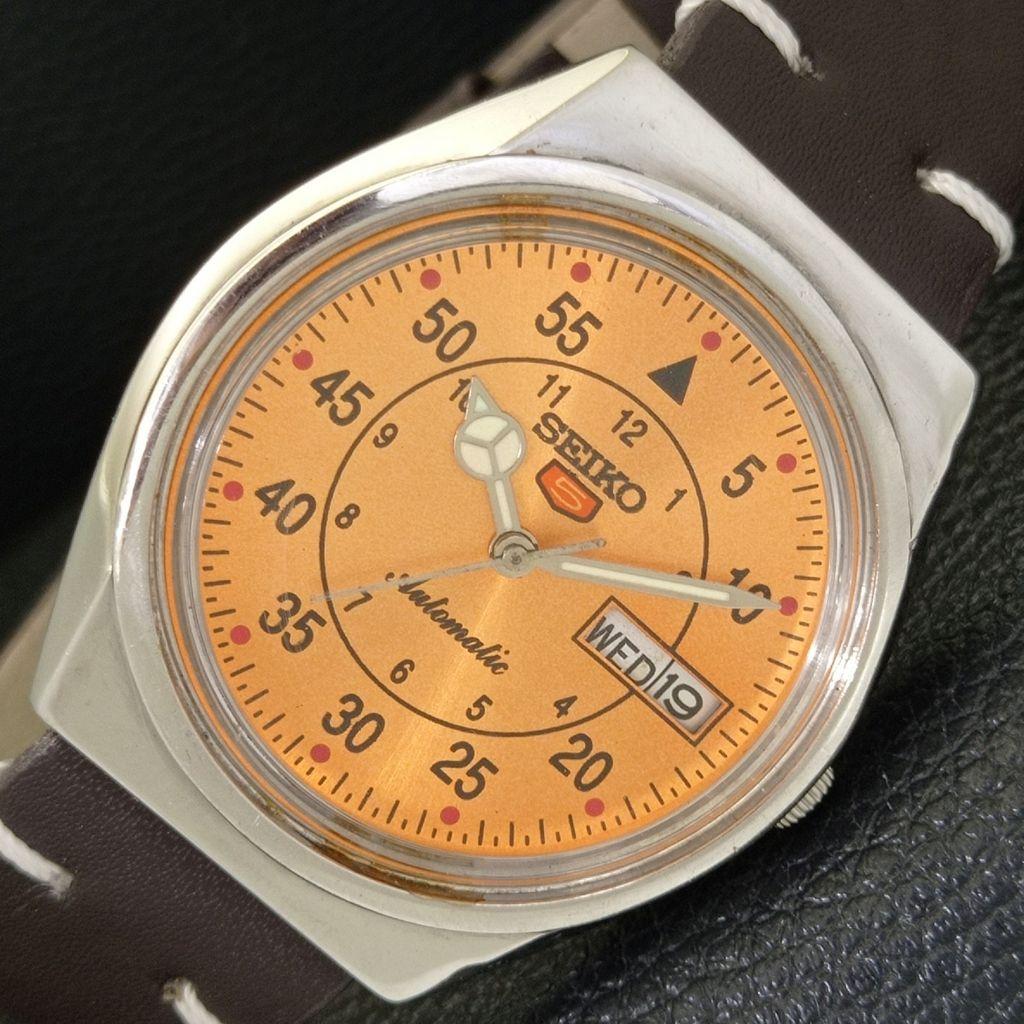 AUTOMATIC VINTAGE SEIKO 5 JAPAN 6349A MENS ORANGE COLOR DIAL WATCH a701293-5 R206a-a701293