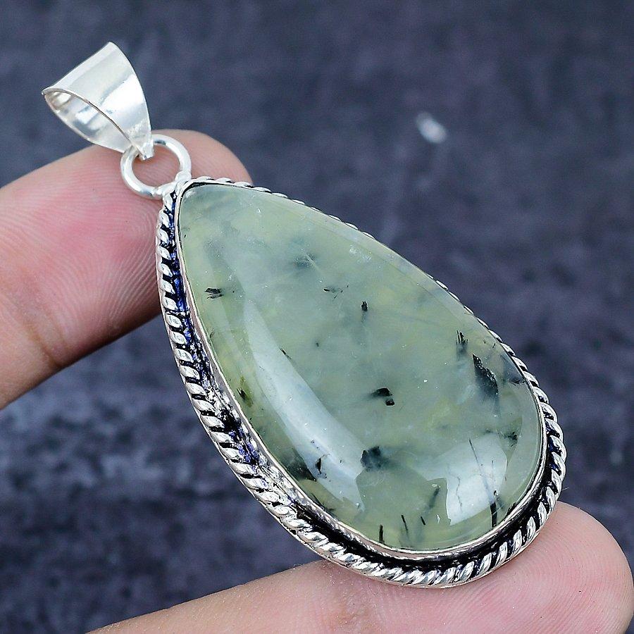 Prehnite Gemstone Handmade 925 Sterling Silver Jewelry Pendant 2.44" n5T24