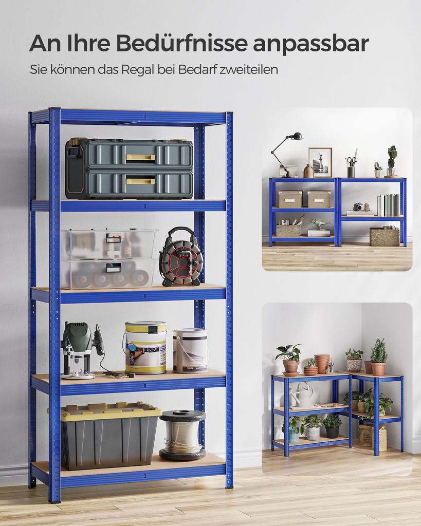 SONGMICS 5-stöckiges Regal, Stahlregal zur Lagerung, werkzeuglose Montage, für Garage, Schuppen, Tragfähigkeit 875 kg, 40 x 90 x 180 cm, Blau
