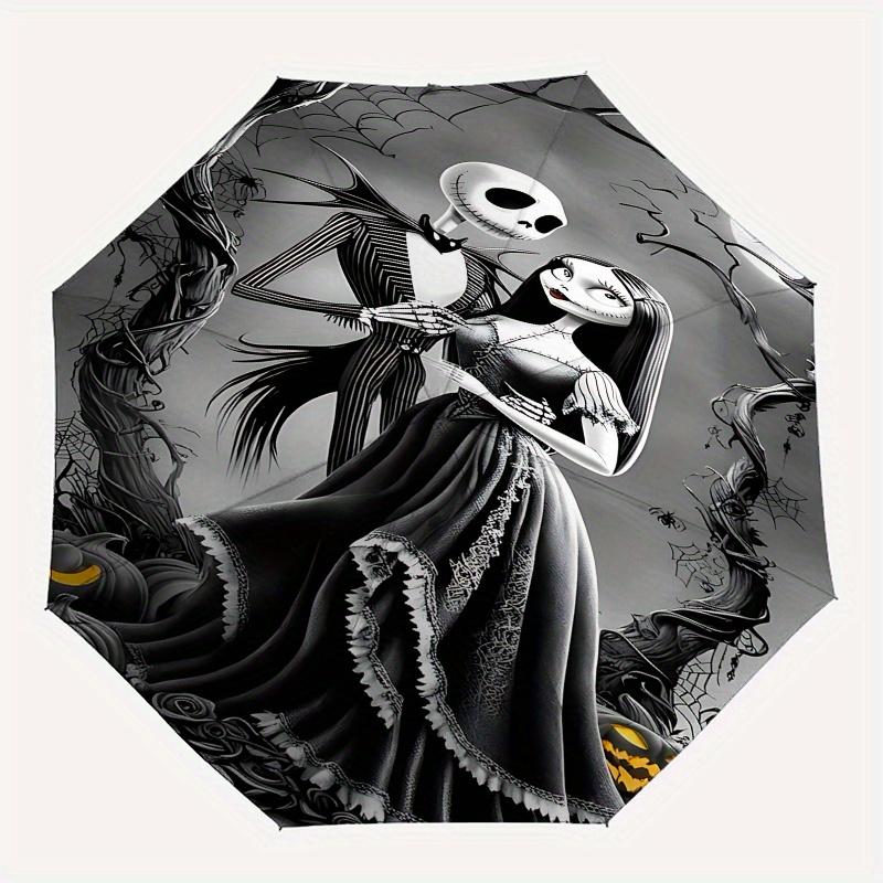 1 Automatischer Regenschirm mit 8 Speichen, Motiv Jack Skellington und Sally, Bunt, Tragbar, für Damen und Herren, Ein Kompakter Begleiter für den Weg zur Arbeit, Geeignet für Da