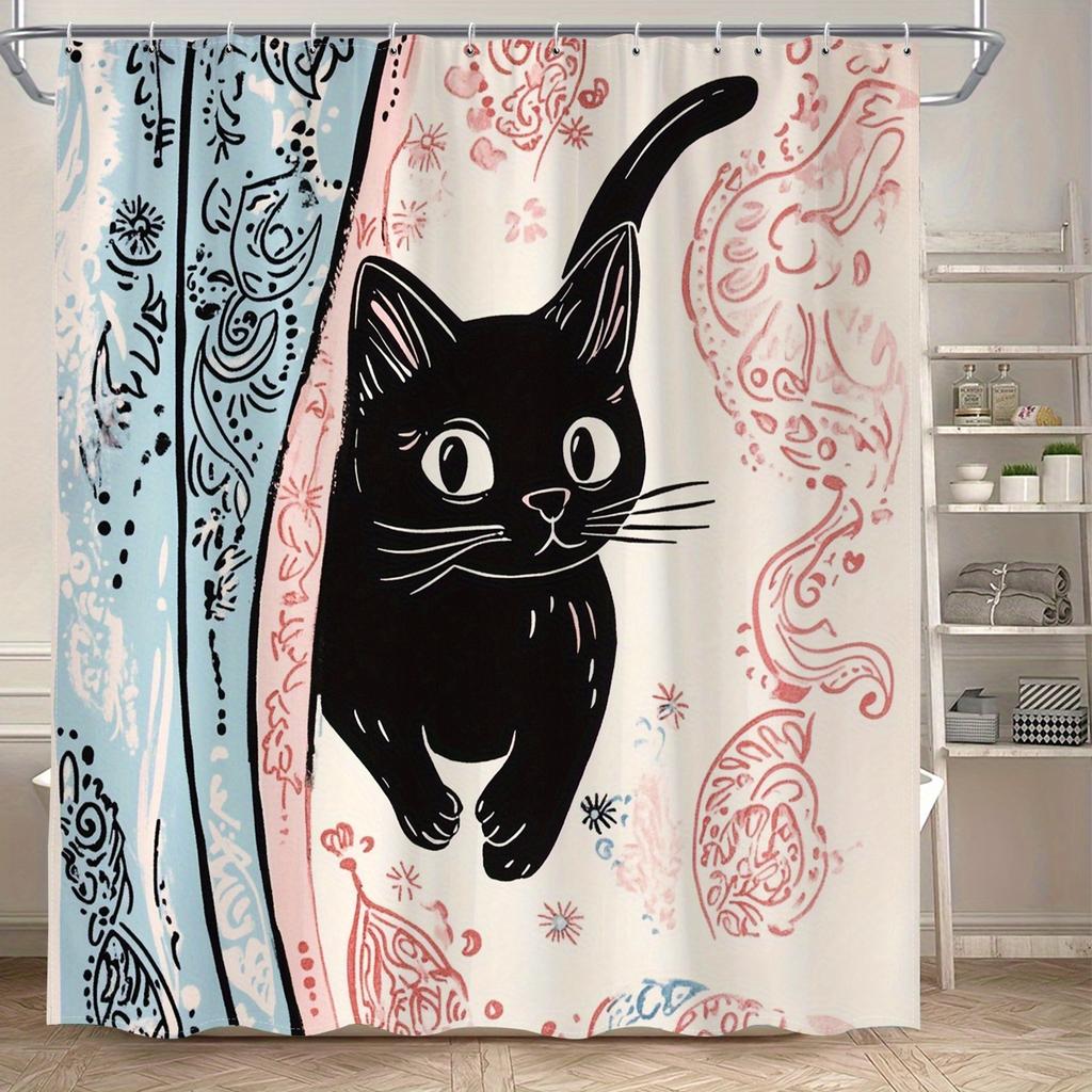 1pc Stain Resistant Shower Curtain - Cute Cartoon Kitten and Floral Paisley Digital Print, Polyester Fabric with Hooks