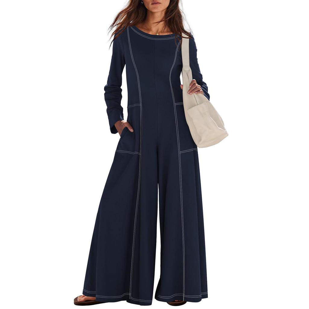 Damen Modischer Lässiger Rundhals Langarm Tasche Lässiger Lockerer Weitbeiniger Jumpsuit