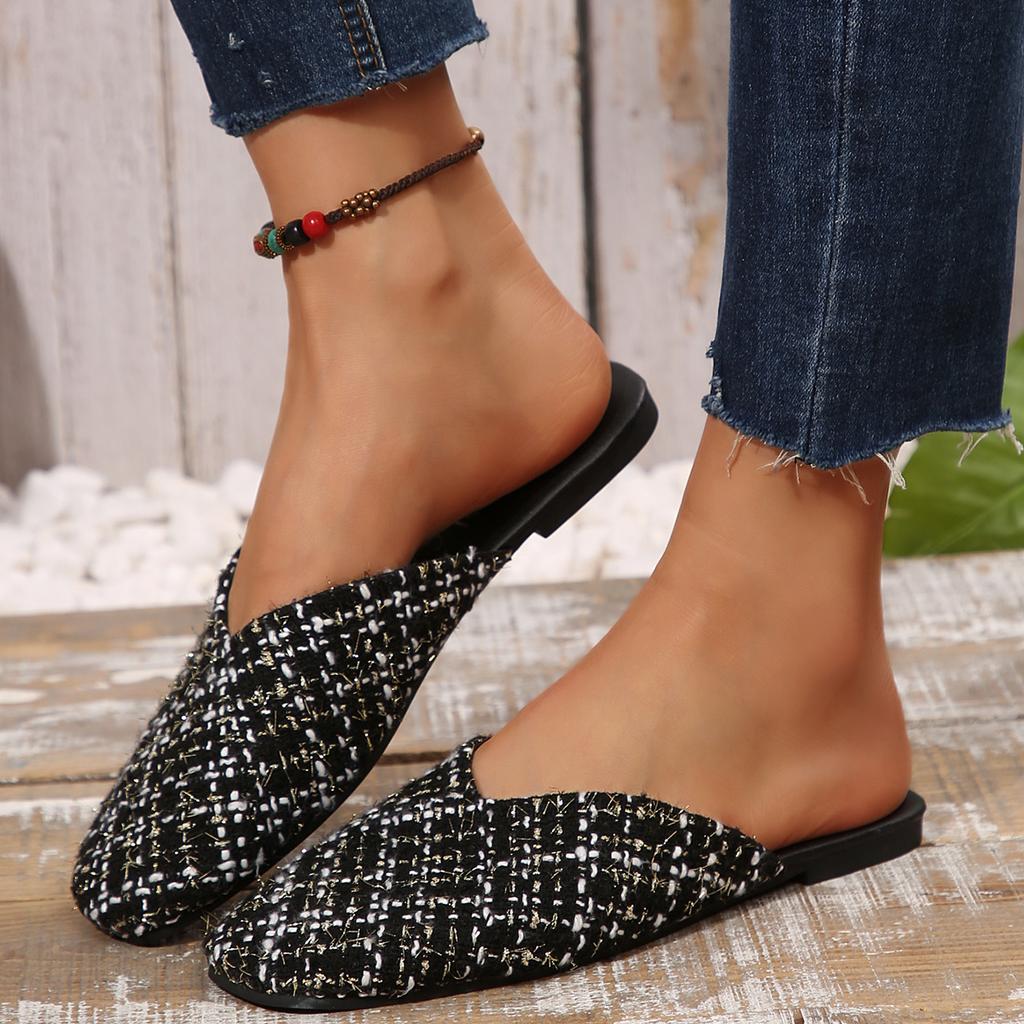 Fashion Women Slippers 2025 New Elegant Shoes Women Square Closed Toe Flat Slippers Female Casual Leather Plus Size Sandals Slides Women