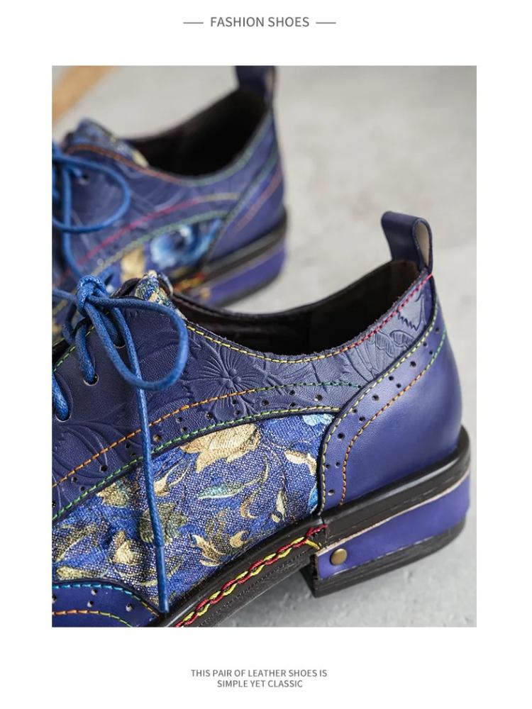 Johnature Genuine Leather Printed Pumps Retro Round Toe Lace Up Low Heel Women's Shoes