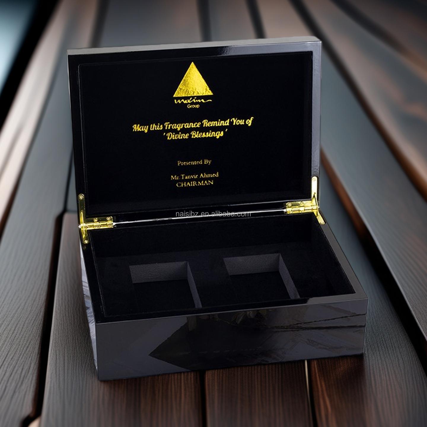 Luxury MDF Wood Paint Box Packaging Oud Cologne Arabic Attar Perfume Bottle Gift Box Lacquer Luxury Wooden Gift Box 20.5*17.5*8cm