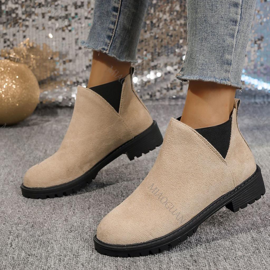 Fashion Women's Ankle Boots Suede Leather Women Round Head Thick Low Heeled Woman Shoes Casual Autumn Slip on Gladiator Bottes Femmes
