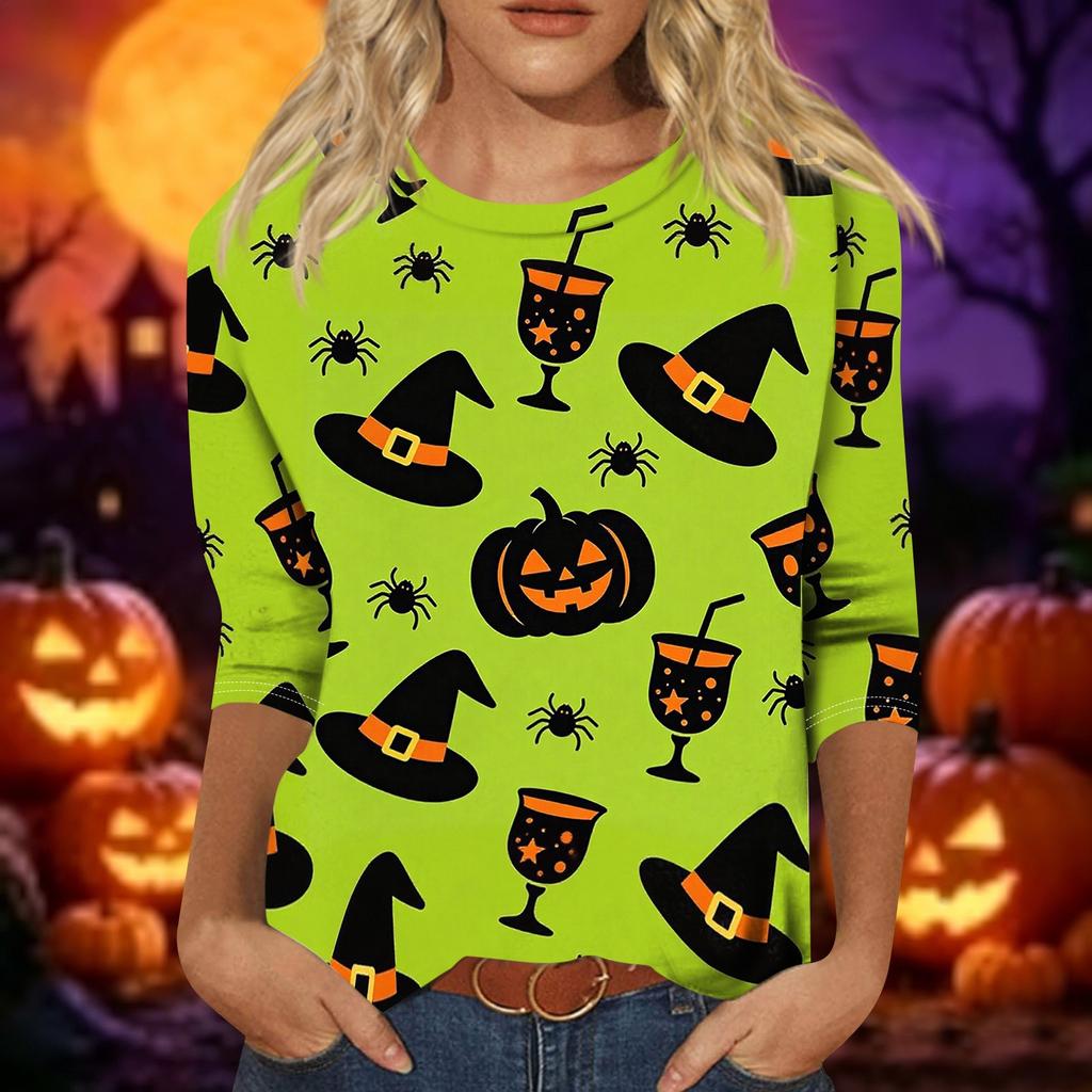 Women's Casual 3/4 Sleeve Halloween Graphic Top Crew Neck Printed Shirt Lightweight Comfortable Fit