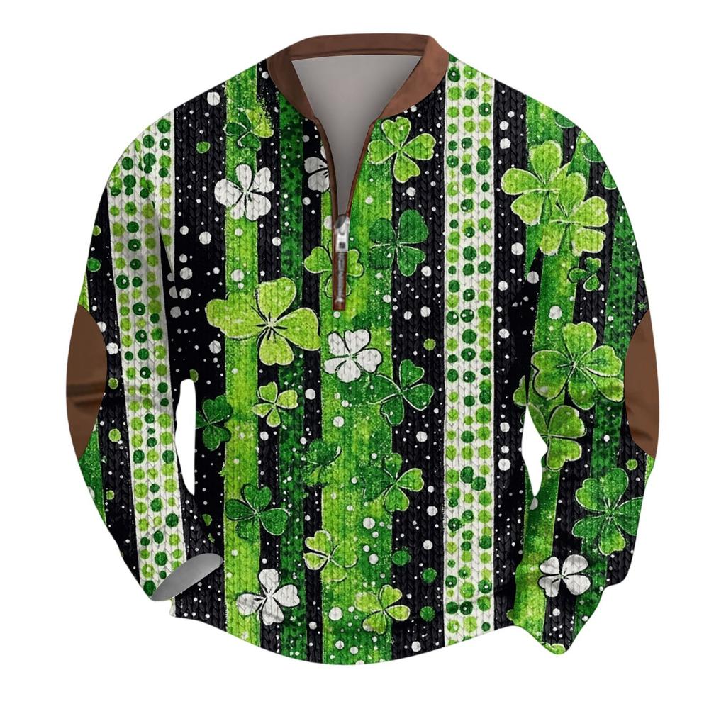 Mens Christmas Sweater Zip Up Sweatshirts Vintage Knit Graphic Sweatshirt St. Patrick's Day Stand Collar Pullover