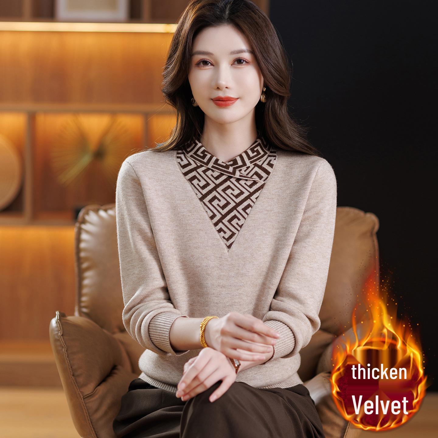 

Warm Velvet-Lined Sweater for Young & Mature Women: Elegant & Cozy for Autumn/Winter 2XL [Recommended 120-135 jin]