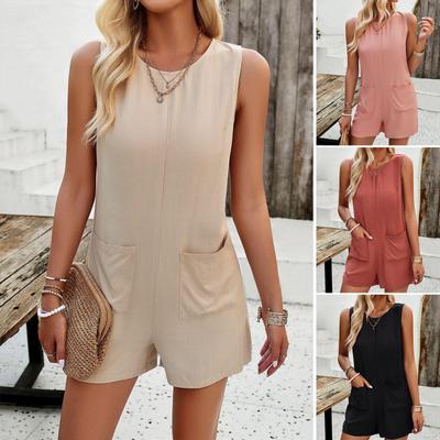 Di Yun Women's Solid Color Sleeveless Jumpsuit - Spring/Summer 2024 Casual European & American Style with Pockets