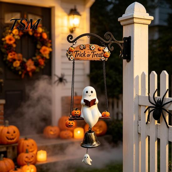 Decorative Metal Bell Ornament Halloween Swing Ghost Doorbell, with Pumpkins Decor, Gothic Style Trick Resin Wall Art or Treat Sign, for Farmhouse