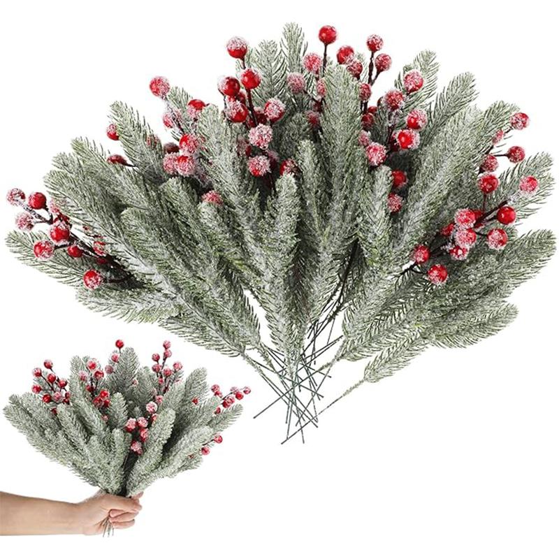Christmas Decor Artificial Pine Branches Holly Berry Red Berry Branches for Xmas Tree Wreath Accessory Home New Year Decor
