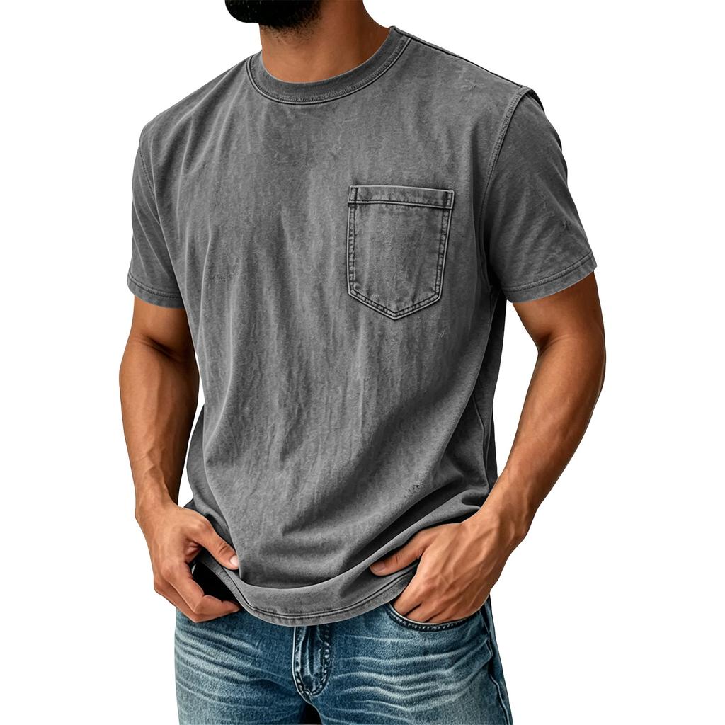 Men Vintage Washed Short Sleeve T Shirt Crew Neck with Chest Pocket Casual Loose Fit Soft Fabric Classic Style