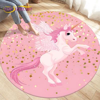 Kinder-Cartoon-Teppich mit niedlichen Einhorn-Tieren, runde Teppiche, Teppiche für Wohnzimmer, Kinder spielen Krabbeln, weiche, rutschfeste Fußmatten
