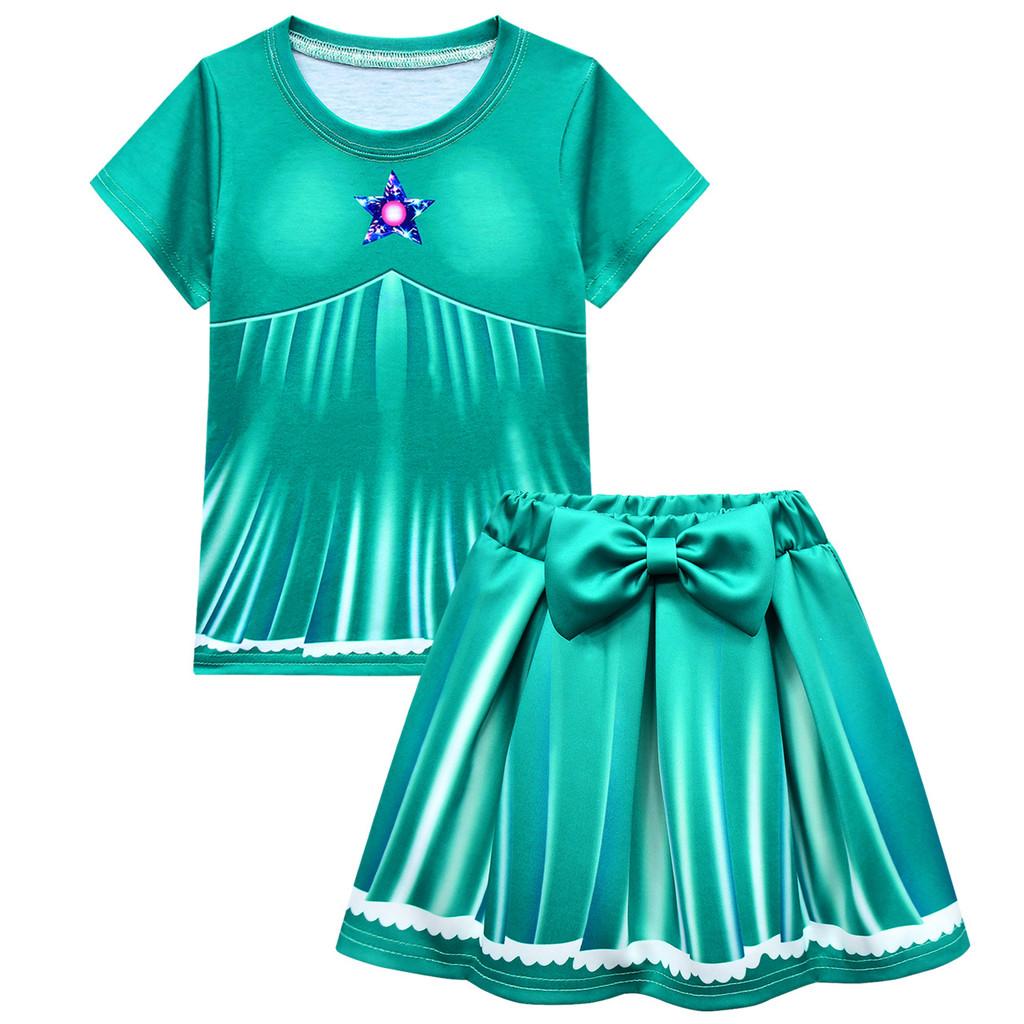 

Kids Girls Princess Rosalina Print Short Sleeves T-Shirt Bow Skirt Sets 100cm зелёный