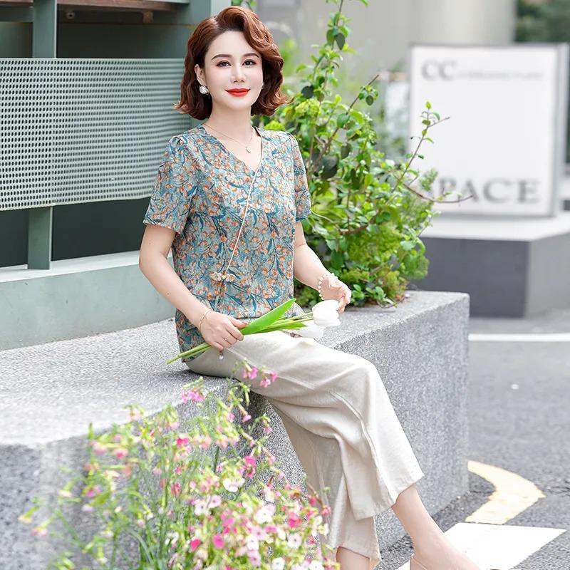 Summer New Chiffon Shirt Casual Top Temperament Middle-aged Chinese Style Shirt Summer