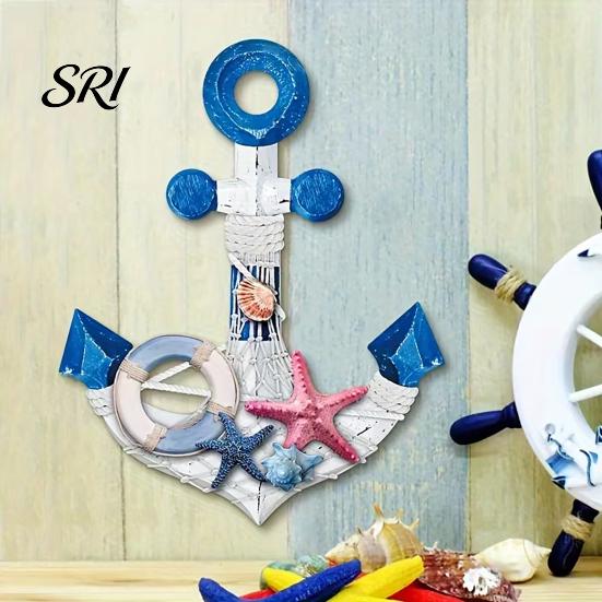 Vintage Style Wood Art Nautical Wooden Wall Decor Blue White Coastal Fine Carving with Starfish for Beach Theme Bathroom Living Room Bedroom