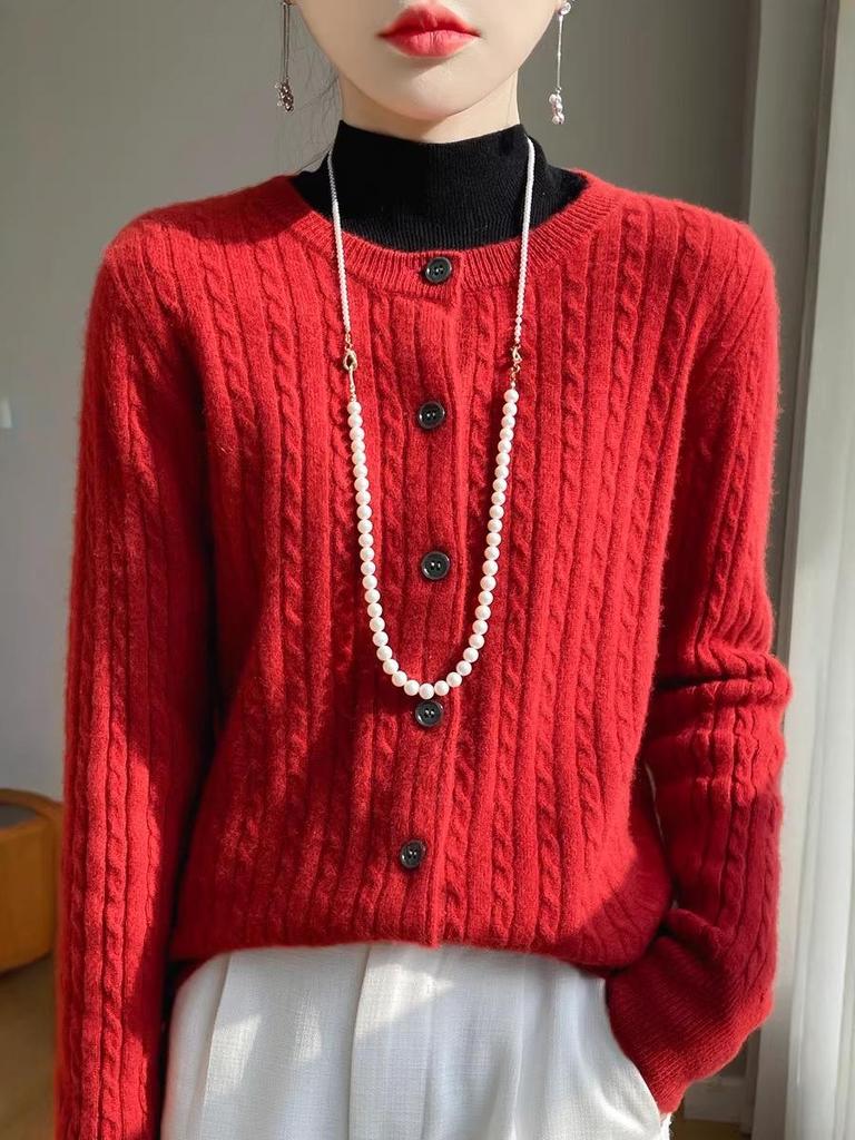 Women's Red 100% Pure Wool Cable Knit Cardigan Sweater - Loose Fit, Round Neck, New Year Style