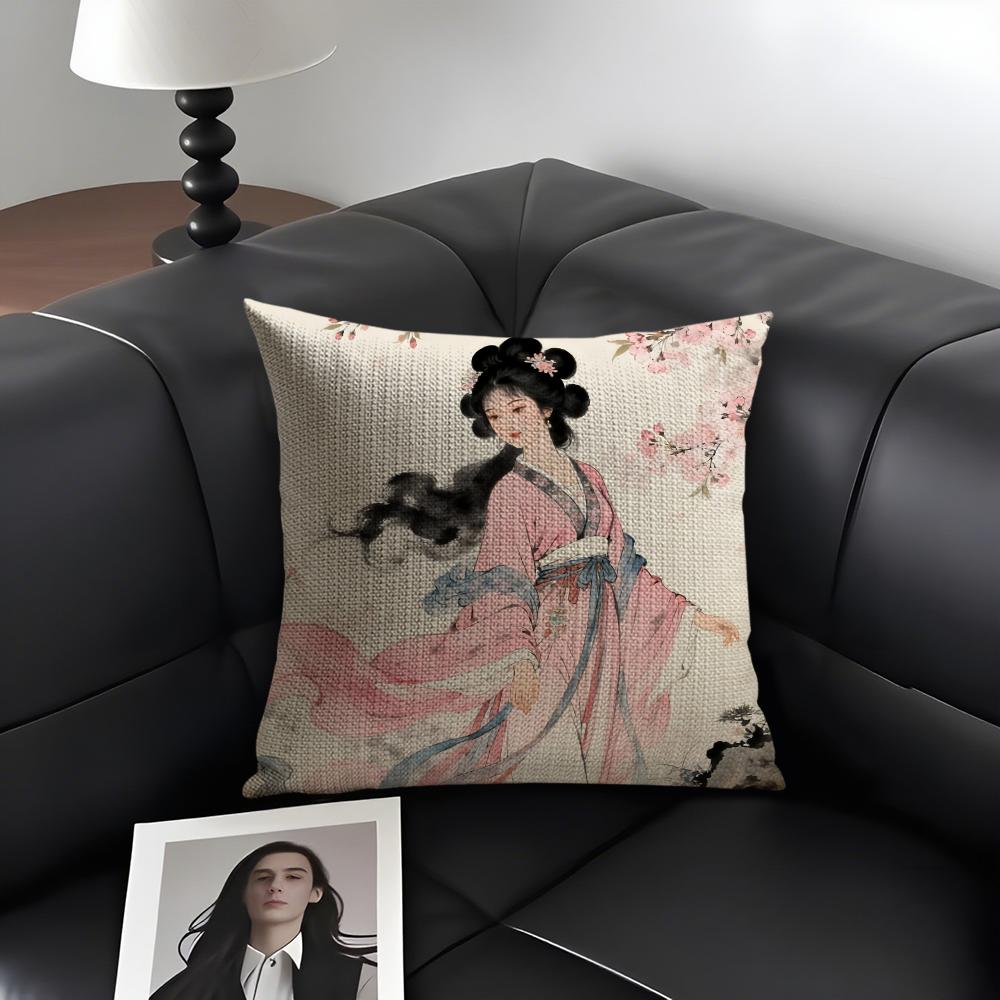 Chinese Ancient Style Beauty Cushion Cover Natural Linen Organic Fabric DoubleSided Printing Sofa Home Decor Gift Pillow Case