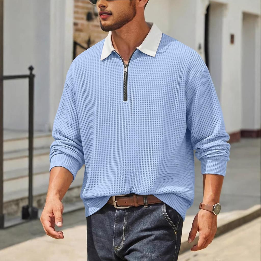 Men's Casual Waffle Texture Polo Shirt Long Sleeve Half Zipper Contrast Collar Sweatshirt Spring Autumn Pullovers