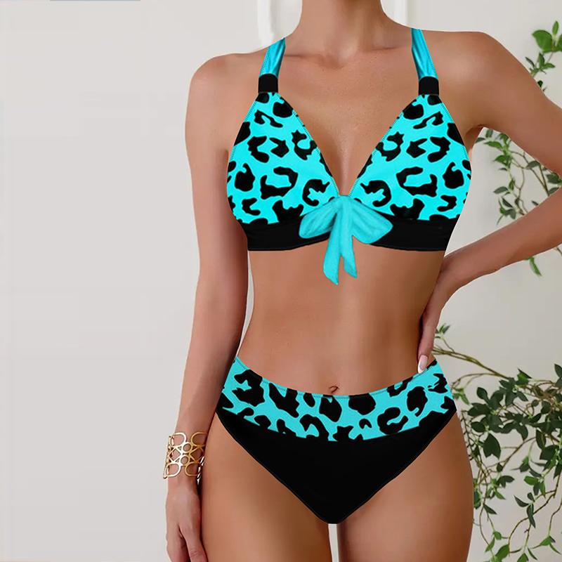 Women's Shoulder Strap Swimsuit Black Leaves Print Bikini Tankini Swimsuit Hanging Neck Swimsuit