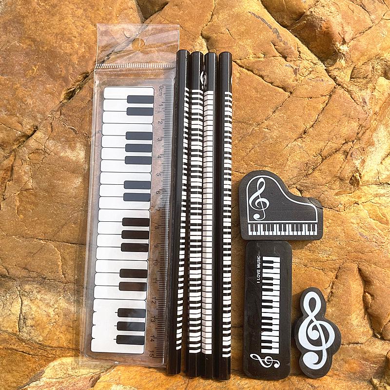 Music Note Pattern Student Stationery: Wooden Pencil and Eraser Set for Children