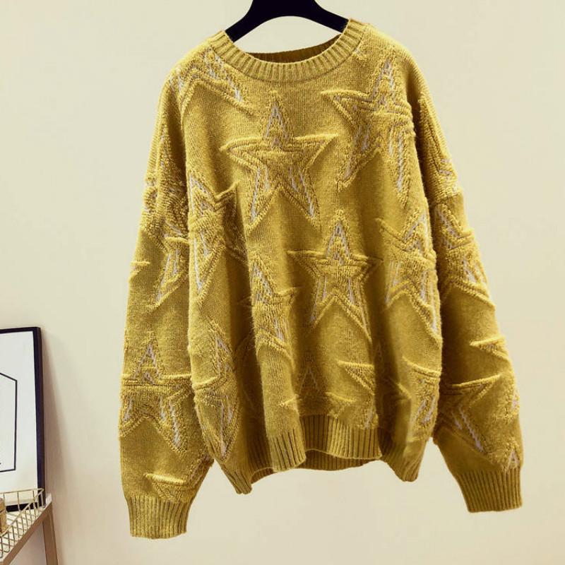 

Вязаный свитер со звездами, осенне-зимний жаккардовый свободный свитер с круглым вырезом и длинными рукавами XXXL золотой