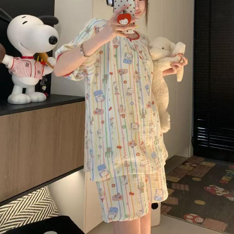 

Japanese rainbow striped girl pajamas crew neck summer short-sleeved shorts ins style suit student dormitory loungewear s [recommended weight 35-40kg ]