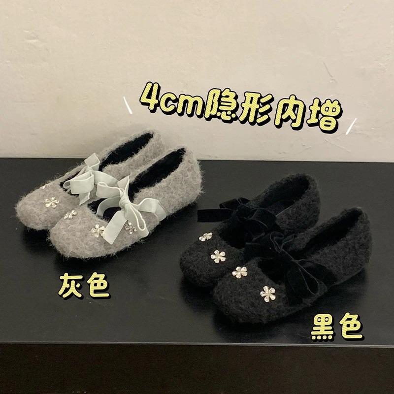 

Rhinestone inner heightening fleece square head Mary Jane single shoes women s autumn and winter platform ballet shoes fluffy ladyshoes 40 чорний