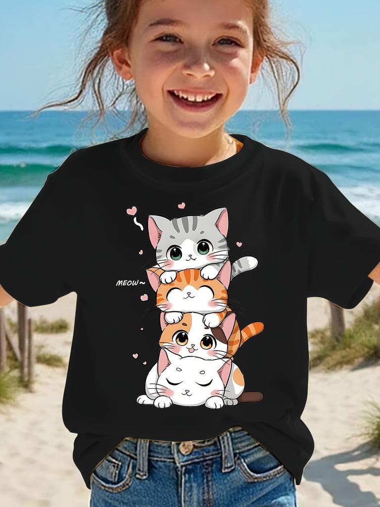 2026 Summer Fashion Girls ShortSleeve Cotton TShirt with Cute Kitten Cartoon Print Casual Top Birthday Gift