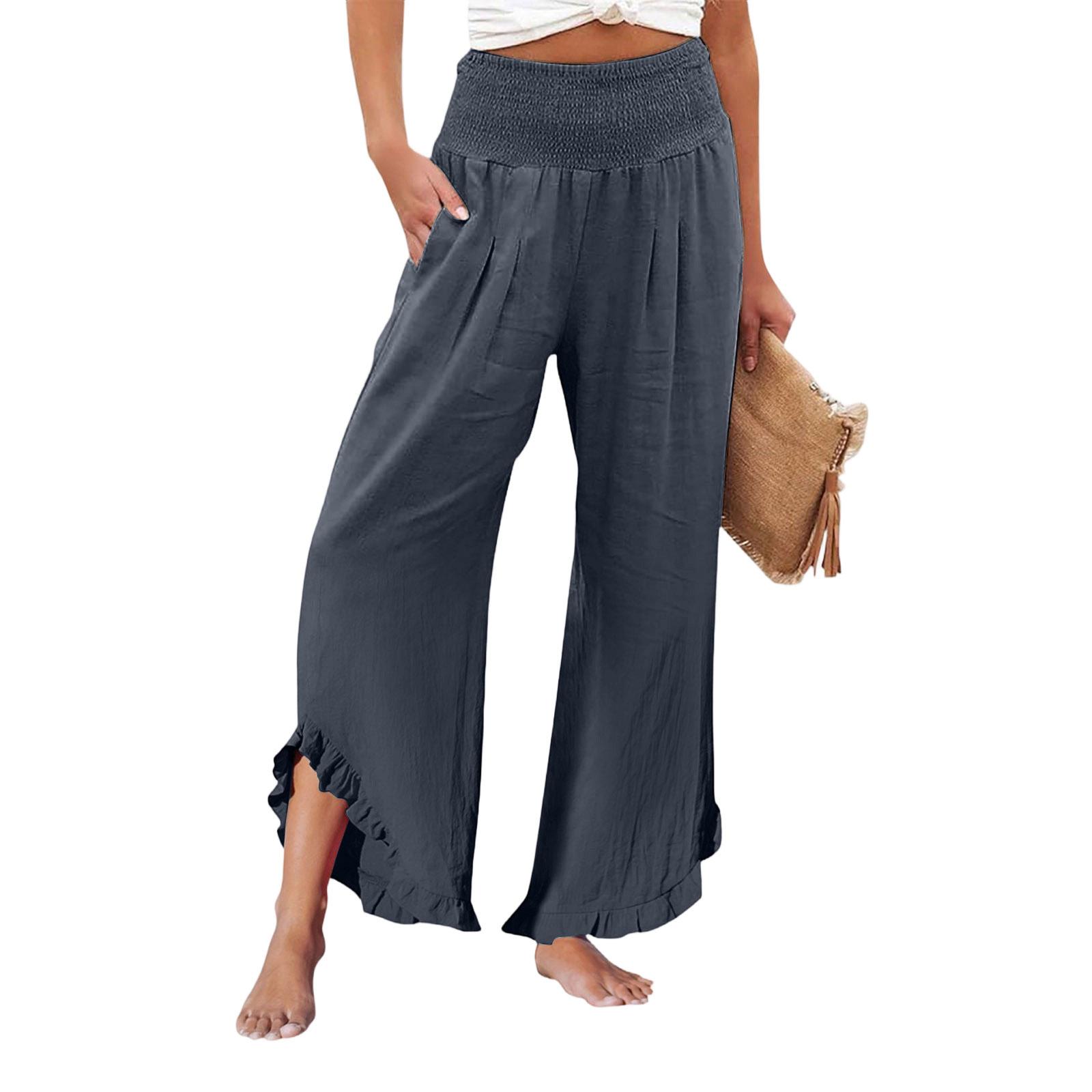 

Women s Casual Boho Wide Leg Palazzo Pants with Smocked Waist and Ruffle Hem Lightweight and Breathable M