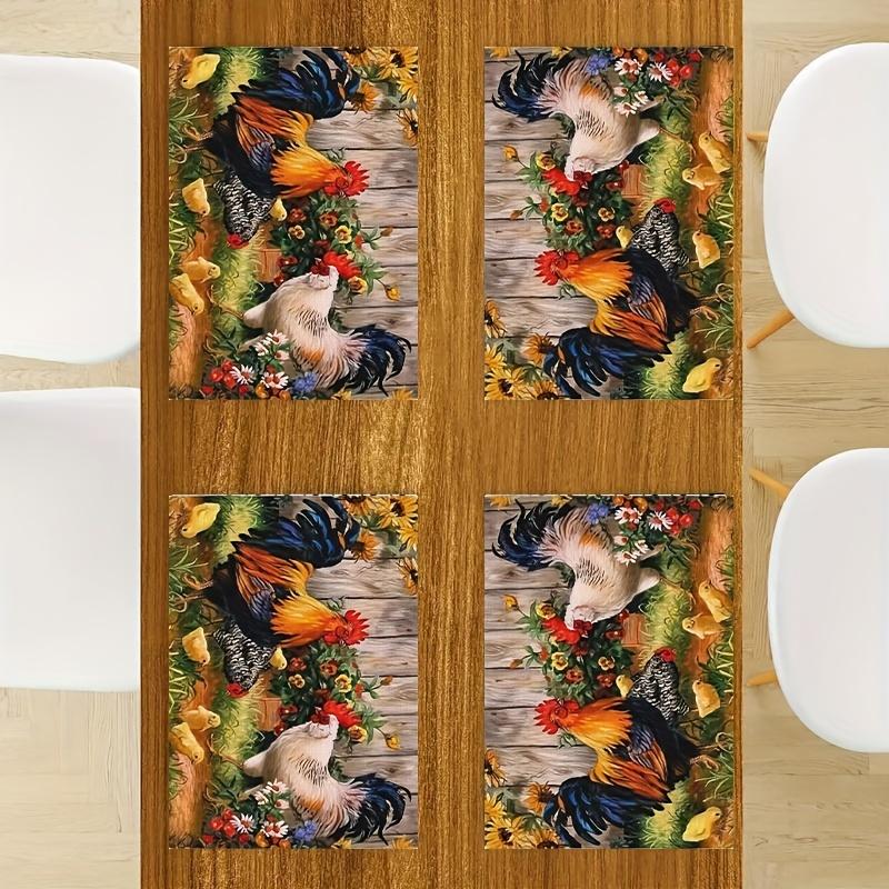 4-Pack Hand Washable Polyester Place Mats | Woven Farmyard Style Table Mats with Rooster & Hen Design | 18X12 Inches Rectangle Floral Pattern Mats