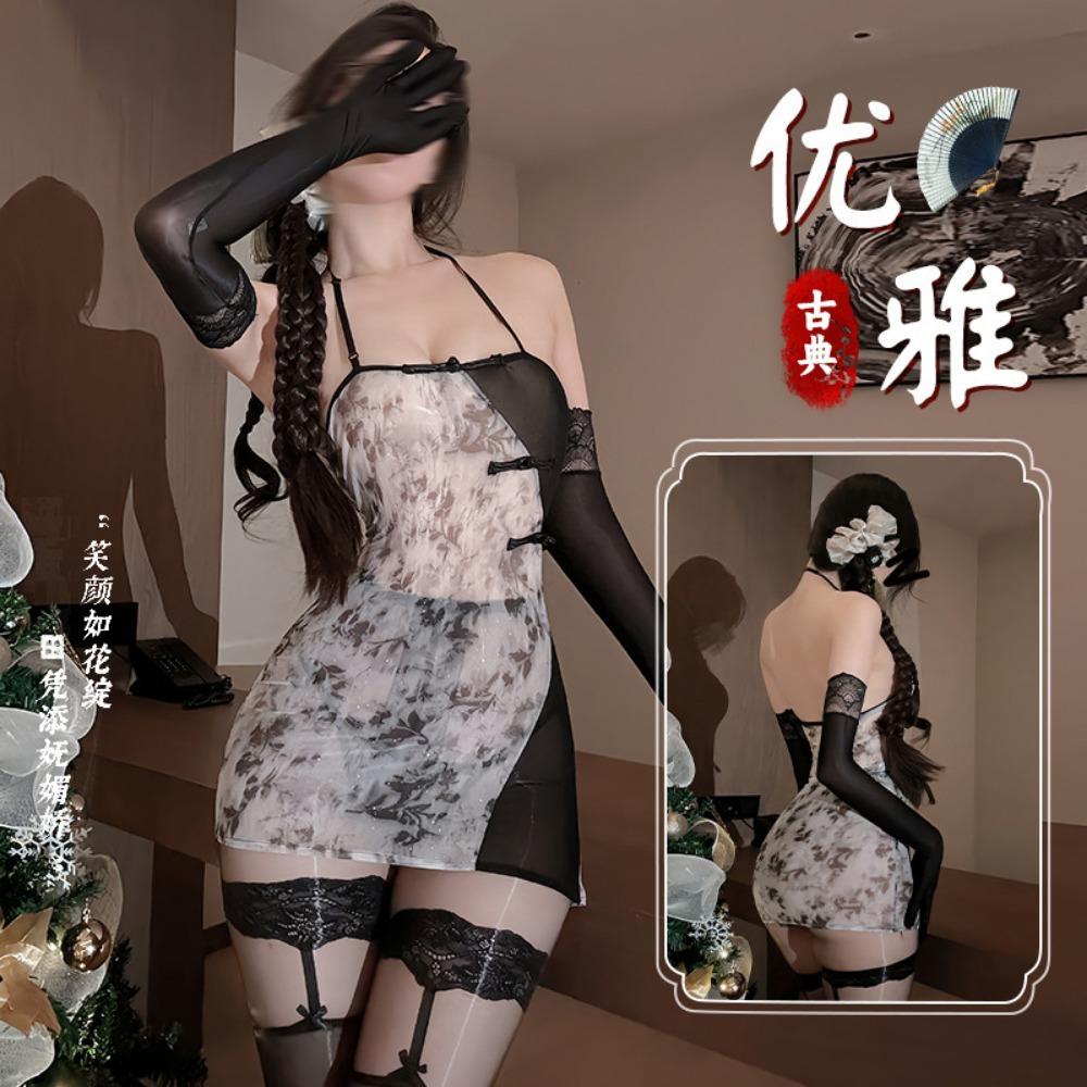 Domila New Chinese Antique Printed Tube Top Who Skirt Sexy Underwear Sexy Hip Set Perspective Suspender Nightdress