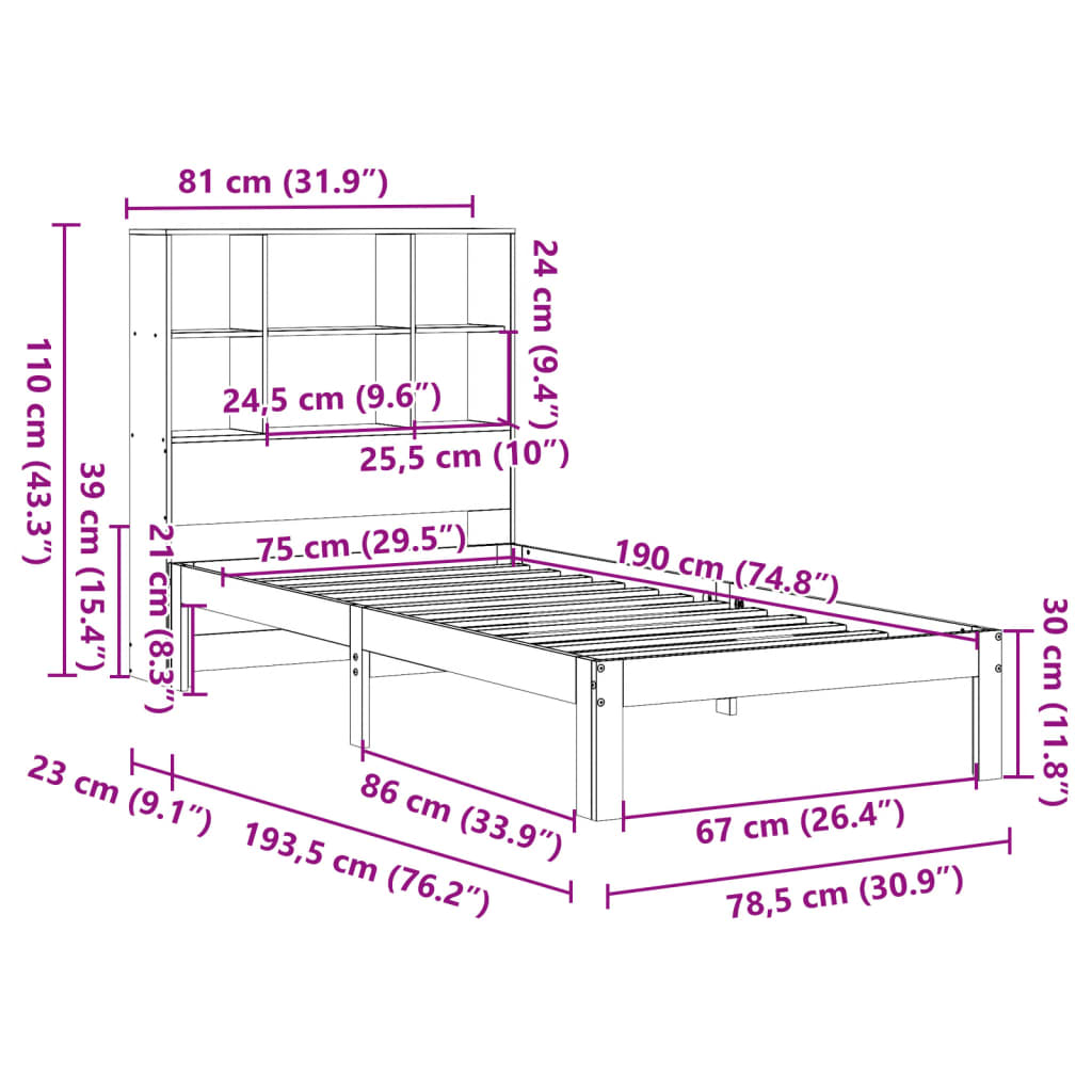 Solid Wood Bed with Shelf Without Mattress Wax Brown 75x190 cm