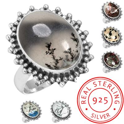 925 Sterling Silver Ring Women Gemstone Handmade Jewelry Valentine's Day Gift Crazy Lace Agate Dalmatian Dendrite Opal Eudialyte Howlite K2 Jasper