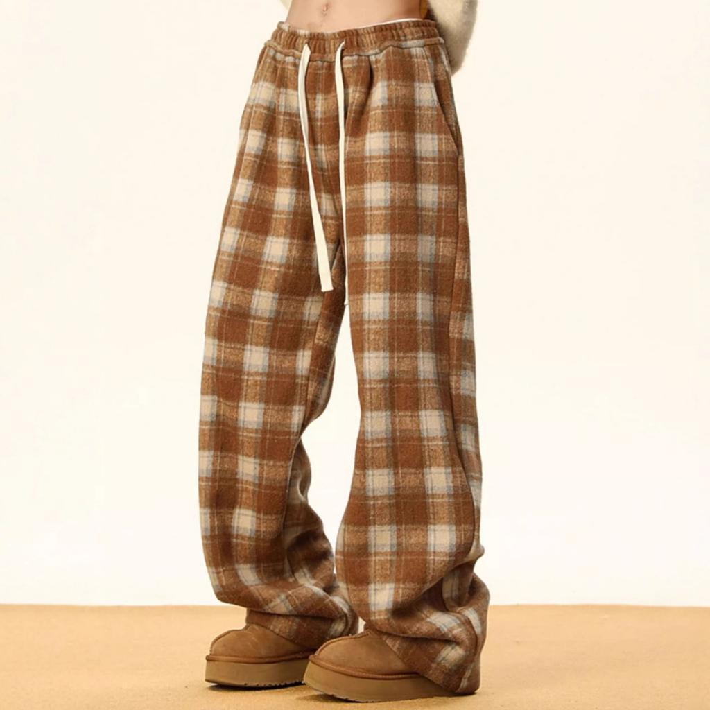 Fleece-Karierte Hose Herren Herbst und Winter Verdickt Warm Wolle Hose Fauler Stil Weites Bein Gerade Hose Fallend Lässig Lange Hose