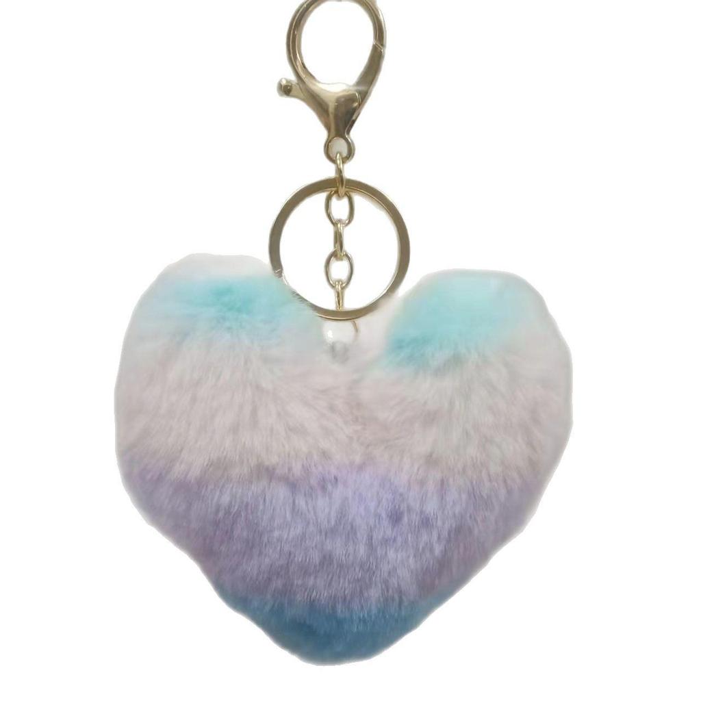 Multicolor Rainbow Heart Keychain: Faux Rabbit Fur Bag Charm & Car Accessory