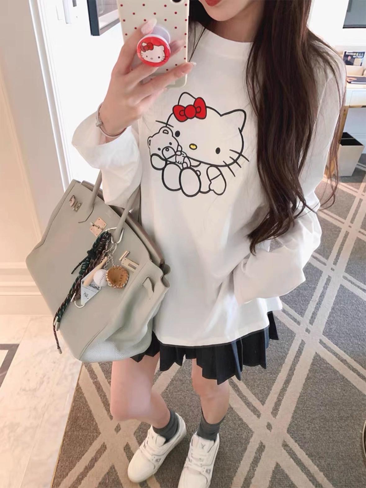 Women s White Cotton Long Sleeve Top with Cat Print - Korean Style, Early Autumn Collection XL
