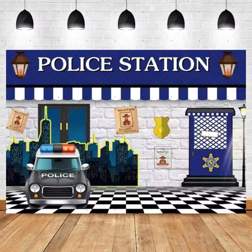 Cartoon Police Backdrop Police Station Car Background Banner Kid Birthday Party Decoration Baby Shower Supplies Photography Prop