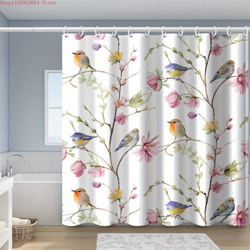 1pc flower branch bird print shower curtain hooks polyester -   With Hooks Waterproof Mildew Proof Easy Install Washable