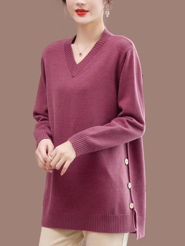Plus Size Women's V-Neck Loose Long Knitted Sweater Autumn Winter Solid Color Casual Warm Pullover