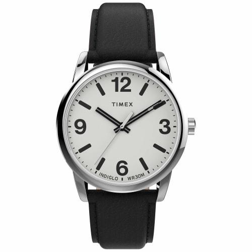 Timex Men's Easyreader Leather Strap 38mm Watch In Black/Silver Tone.
