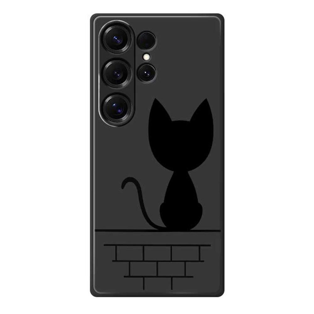 For Samsung Galaxy S25 Ultra Case Black Cat On the Wall Pattern Printing Straight Edge TPU Phone Back Cover