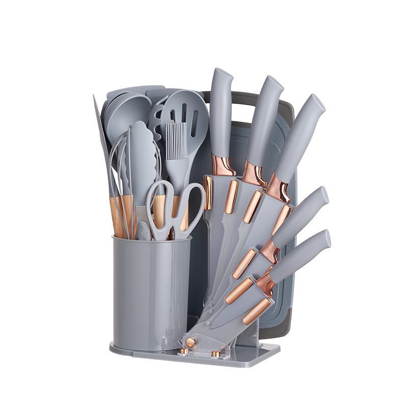 19-Piece Wooden Handle Silicone Kitchen Utensil Set with Spatulas, Spoons, Storage Bucket, and Knife Set