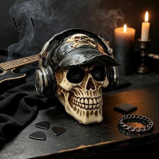 Halloween Prank Props Hip-hop Headphone/Steampunk Skull Figurine, Resin Skeleton Statue, Vintage Ornament for Party Haunted House & Home Decors