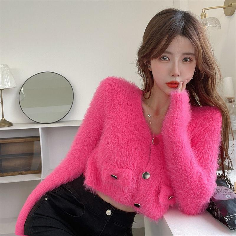 

Свитер-кардиган женский осенний корейский маленький ароматный ветер плюшевый короткий свитер пальто с длинным рукавом с v-образным вырезом новый вязаный кардиган женский One Size фуксия